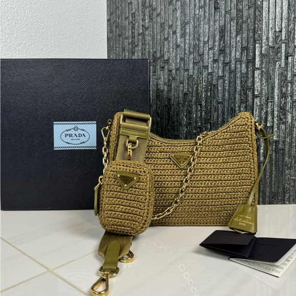 🌿Prada Re-Edition 2005 Raffia Crochet Olive Green Crossbody Bag